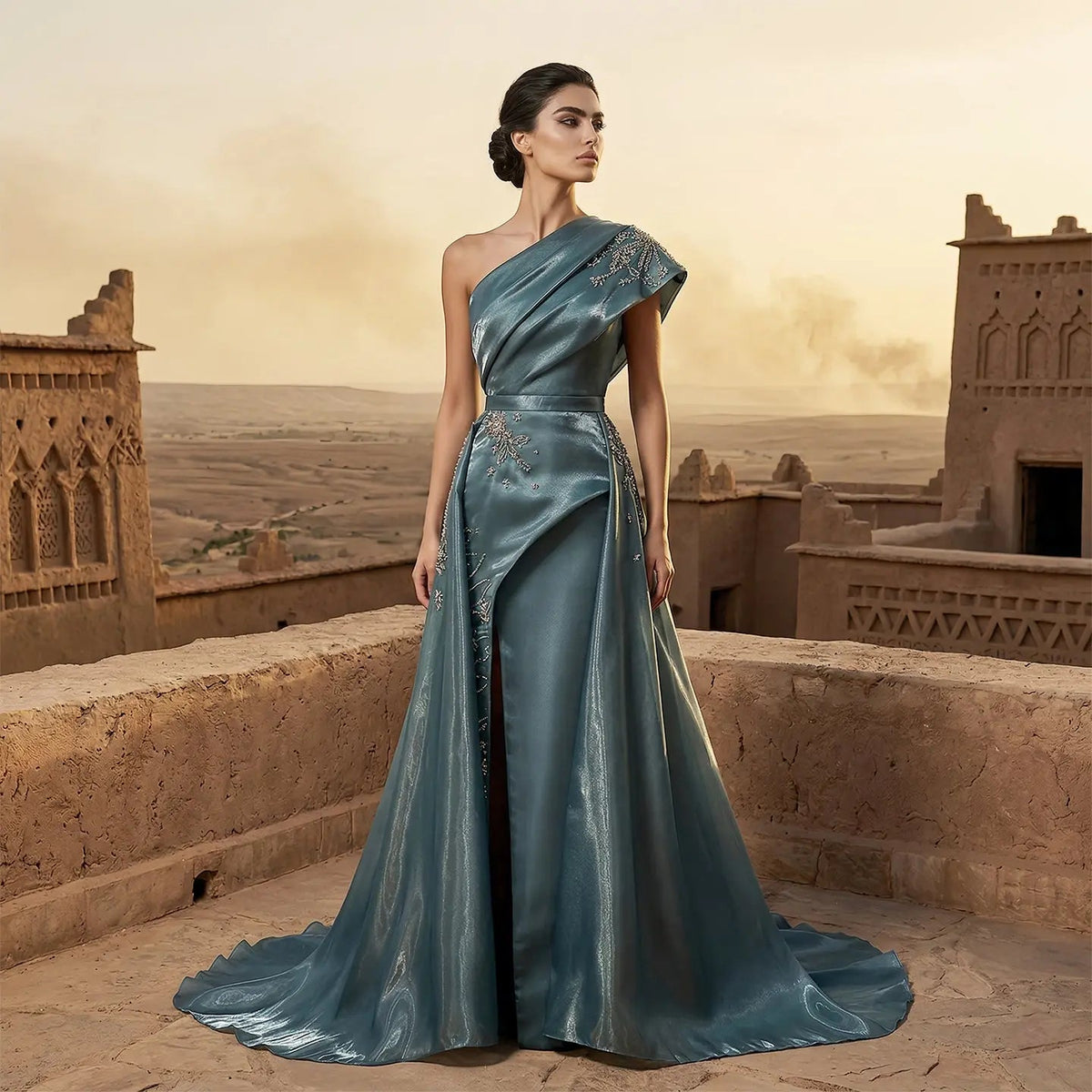 Glamorous Turquoise One-Shoulder Crystal Evening Dress with Overskirt SS600