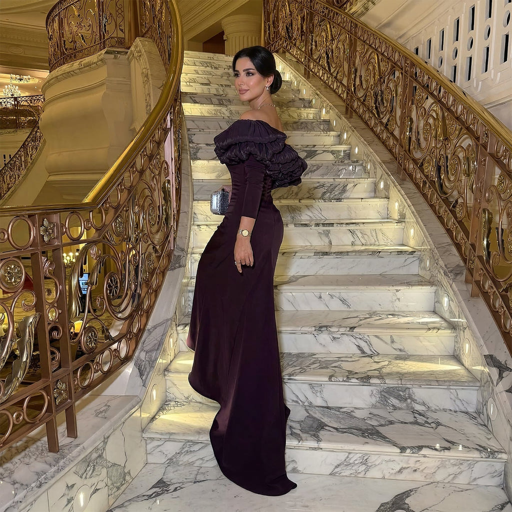 Luxury Purple Ruffled Long Sleeve Train Evening Dress SF323