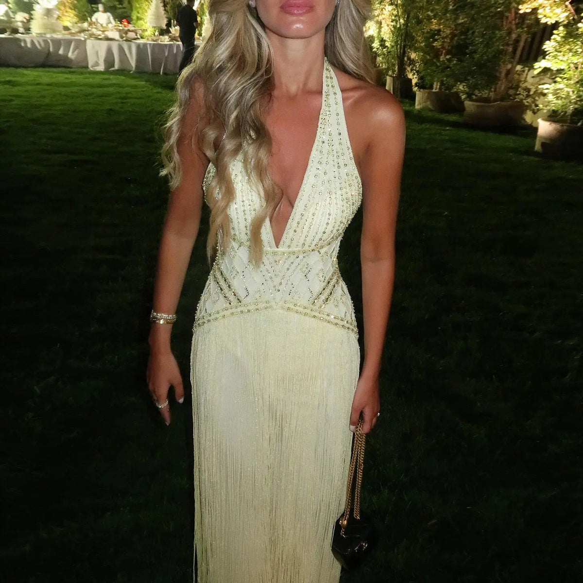 Exquisite Yellow Beaded Halter Neck Deep V Gala Evening Dress SS554