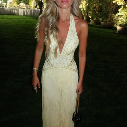 Exquisite Yellow Beaded Halter Neck Deep V Gala Evening Dress SS554
