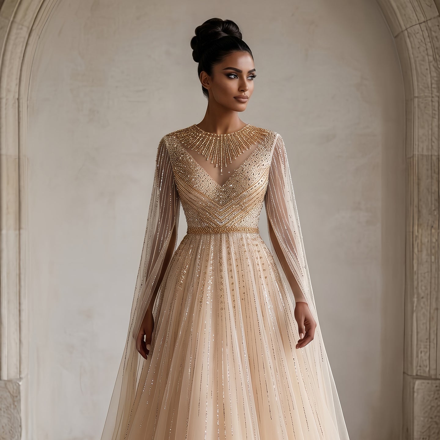 Luxury Pink Illusion Neck Beaded Chiffon Evening Dress with Cape Sleeves SS054