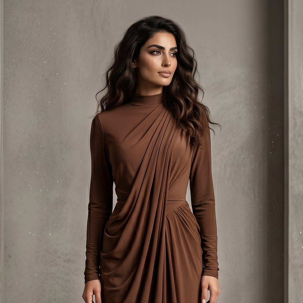 Elegant Brown High Neck Long Sleeve Ruched Bodycon Evening Dress SF078