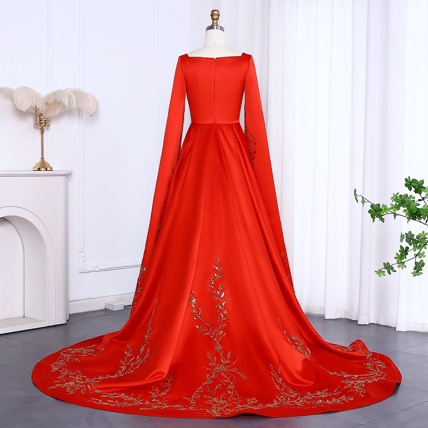Elegant Floral Embroidery Red Evening Dress with Cape Sleeve SS568