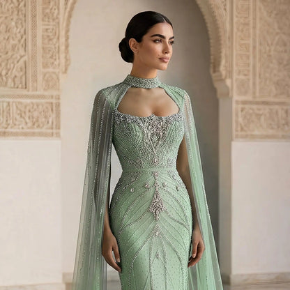 Luxury Champagne Halter Neck Cape Sleeve Beaded Evening Dress SS131