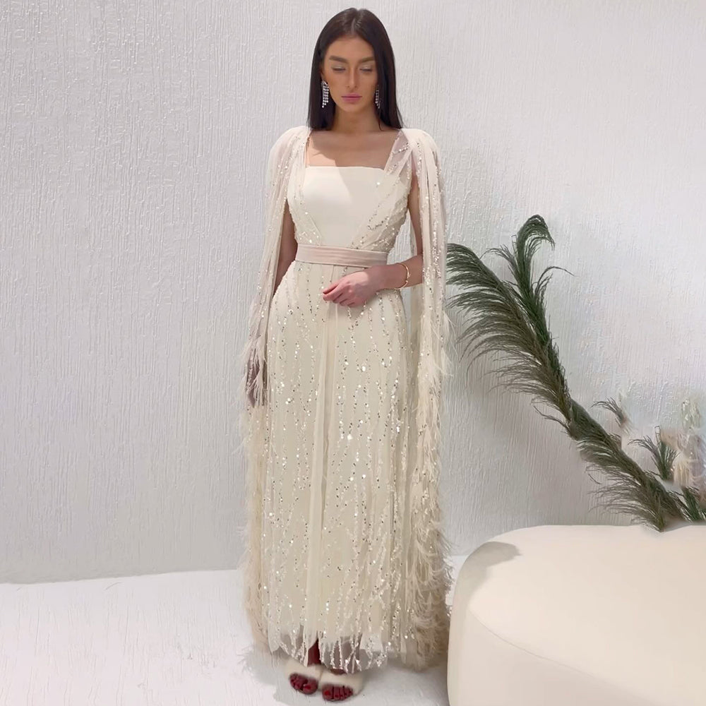 Luxury Feathers Light Yellow Evening Dress with Cape Sleeves SS420
