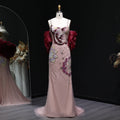 Luxury Pink Floral Beaded Evening Dress with Burgundy Shawl SS515