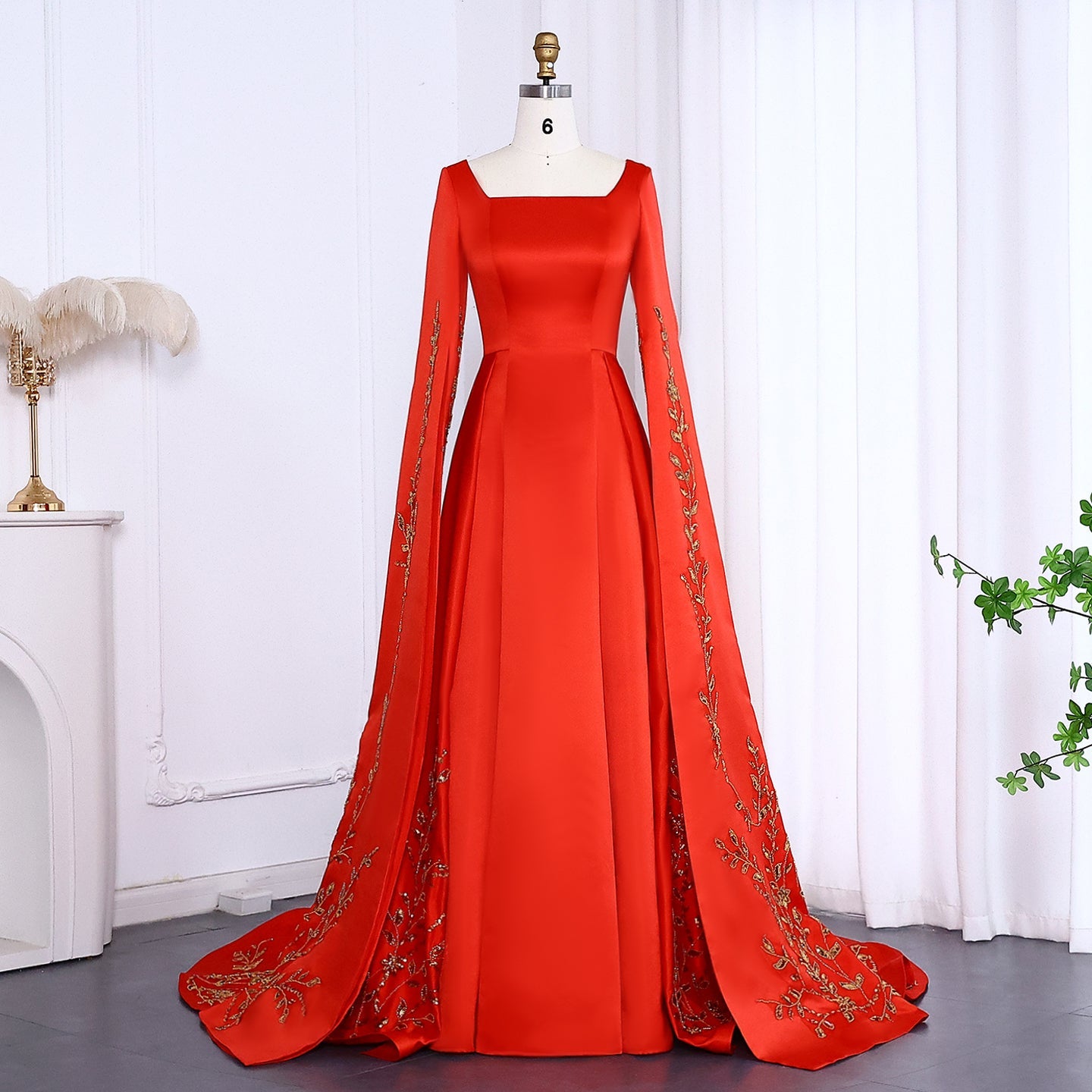 Elegant Floral Embroidery Red Evening Dress with Cape Sleeve SS568