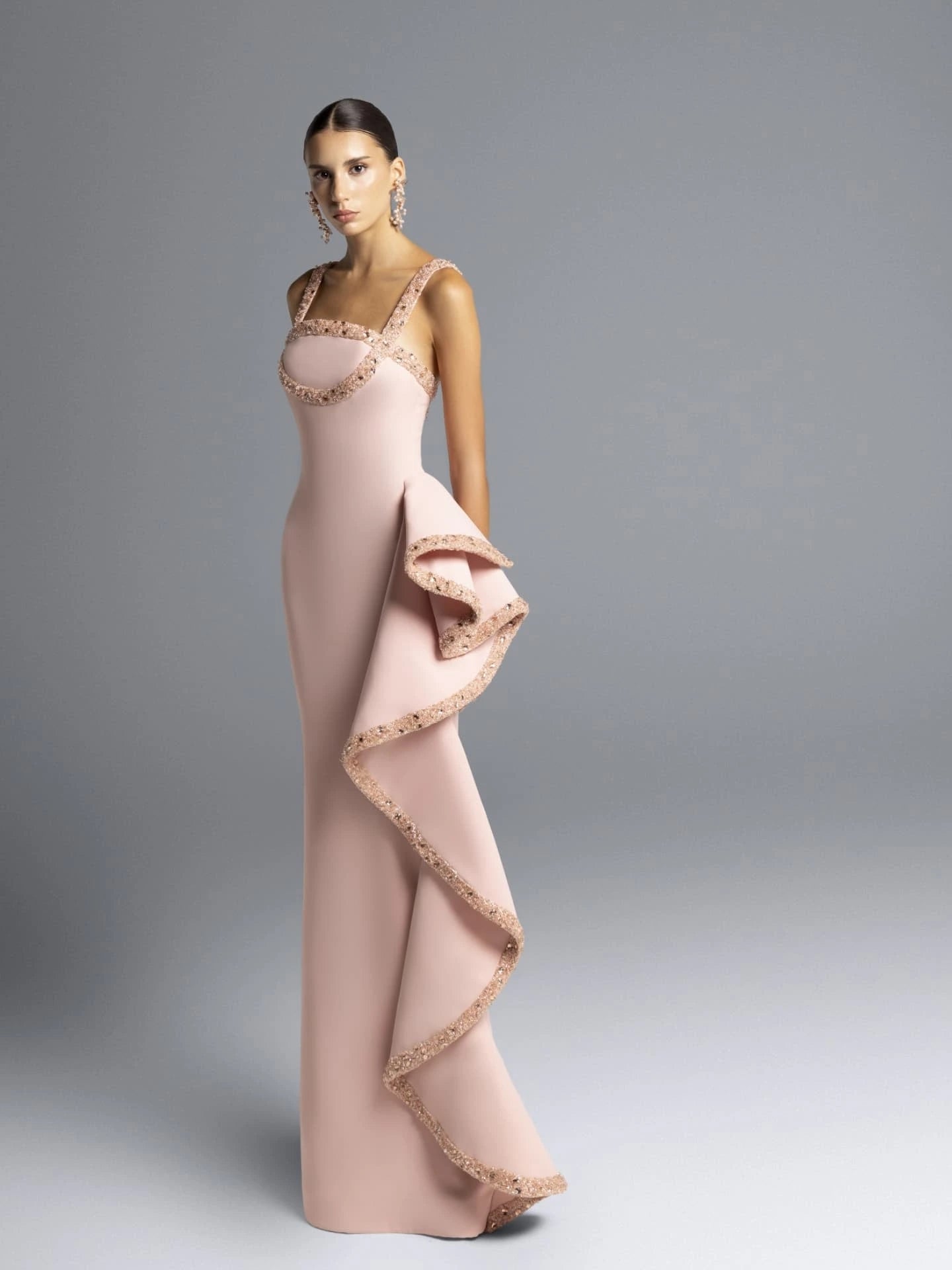 Luxury Blush Pink Beaded Ruffled Fitted Mermaid Evening Dress SF453