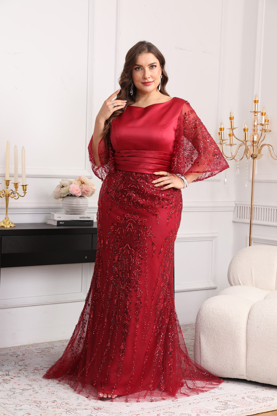 Glamorous Wine Red Sequin Beaded Half-Sleeve Evening Dress SF628