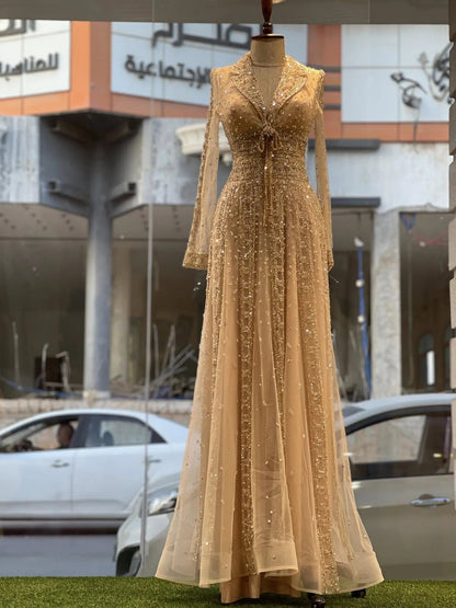 Luxury Blue Notched Collar Long Sleeve Beaded Evening Dress SS419