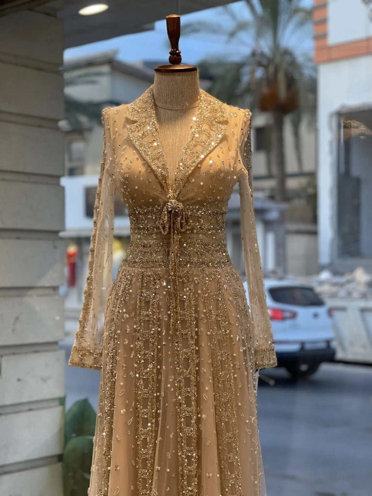 Luxury Blue Notched Collar Long Sleeve Beaded Evening Dress SS419