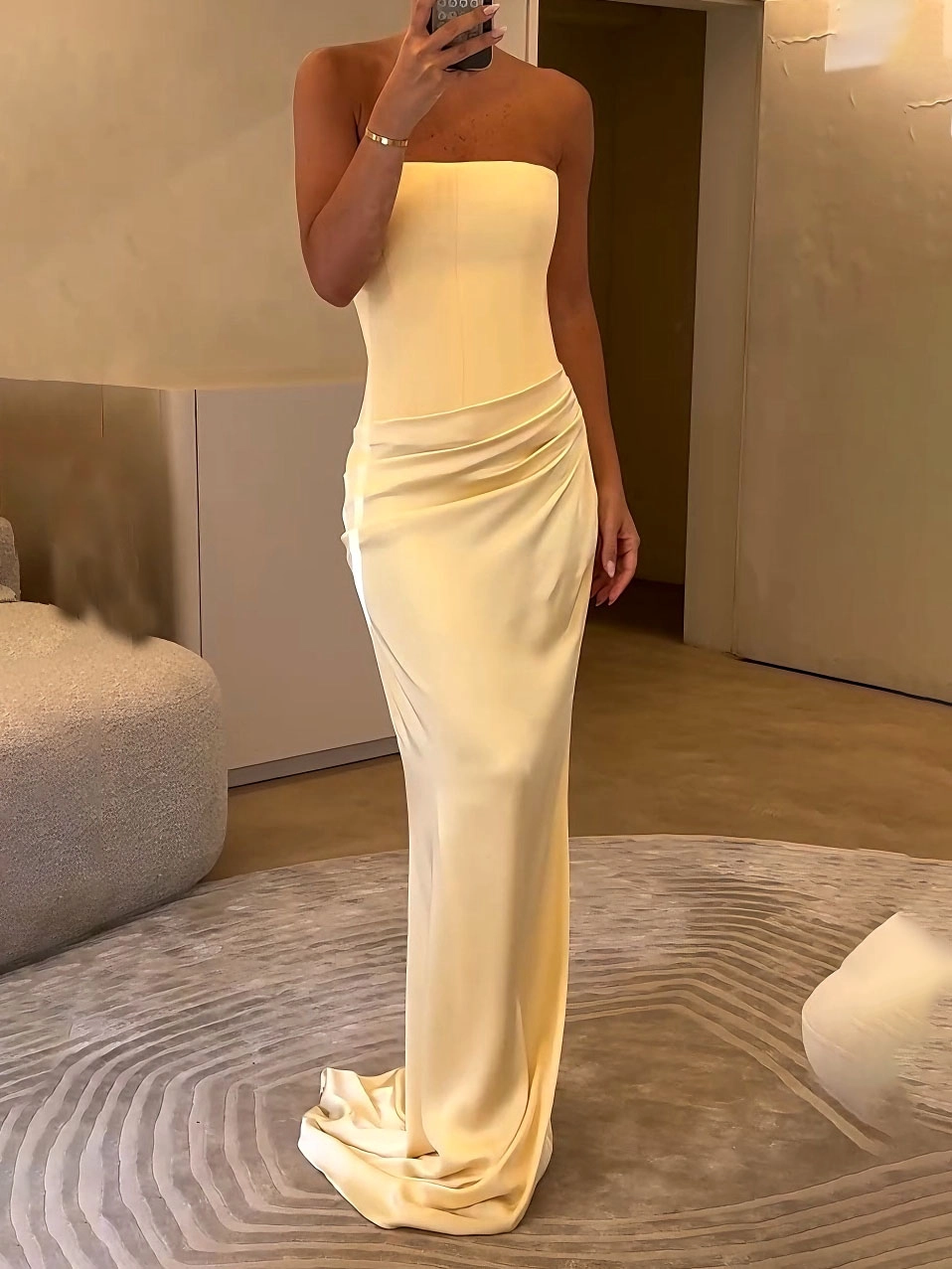 Elegant Yellow Strapless Satin Evening Dress SF114