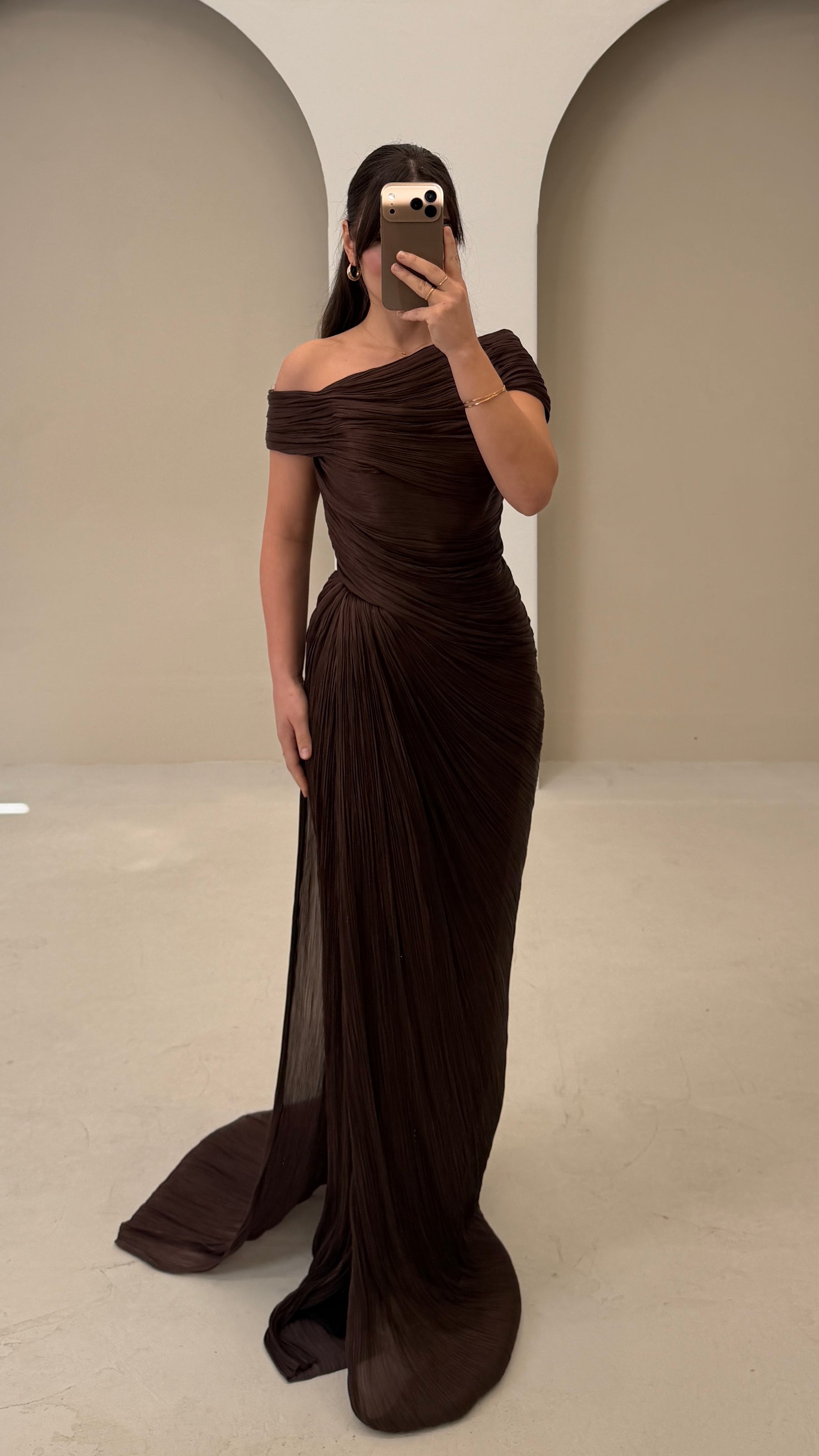 Luxury Brown One-Shoulder Ruched Evening Dress with Overskirt SF364