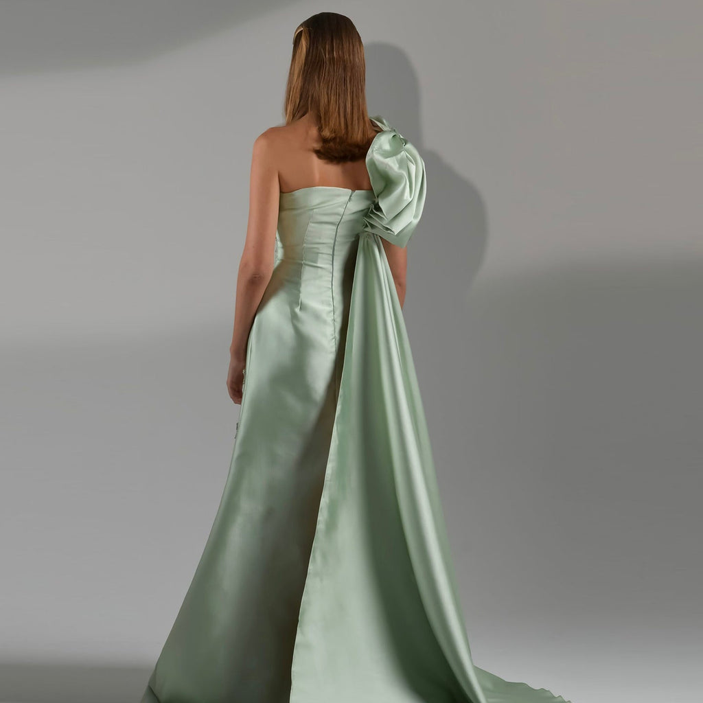 Elegant Crystal Sage Green One Shoulder Evening Dress with Cape SS368