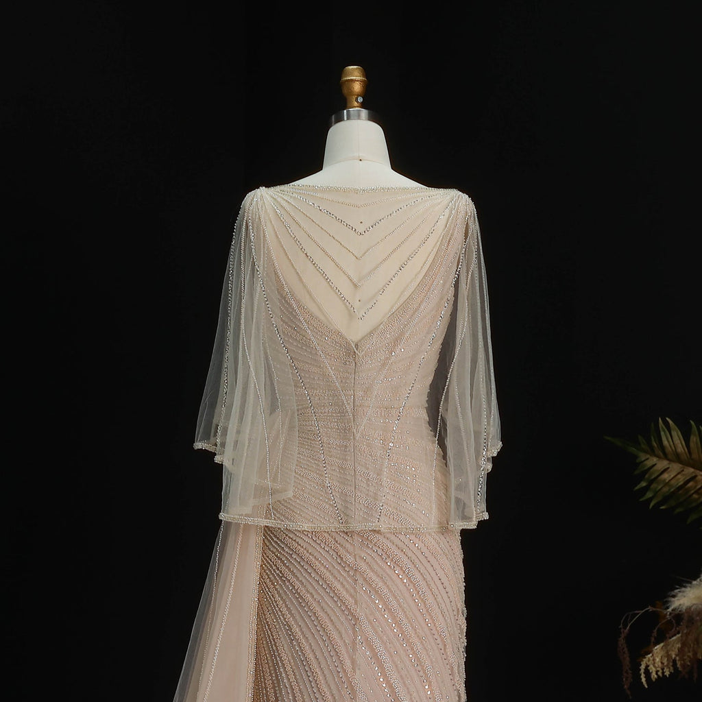Luxury Champagne V-Neck Beaded Evening Dress with Cape Sleeves SS063