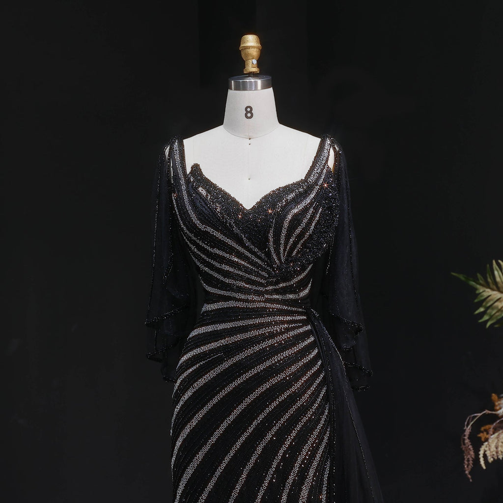 Luxury Champagne V-Neck Beaded Evening Dress with Cape Sleeves SS063