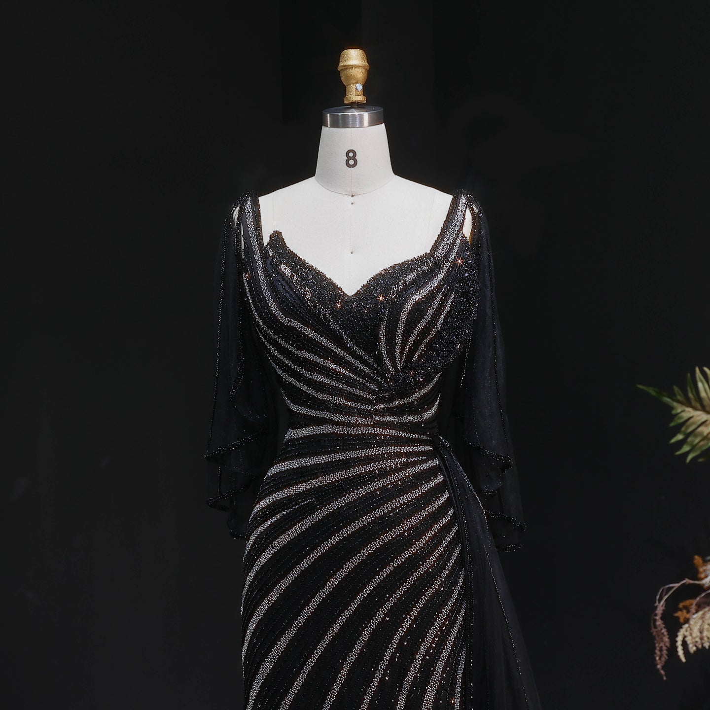 Luxury Champagne V-Neck Beaded Evening Dress with Cape Sleeves SS063