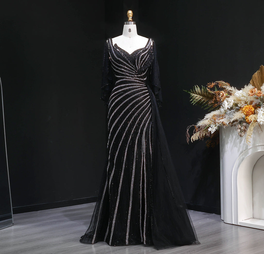 Luxury Champagne V-Neck Beaded Evening Dress with Cape Sleeves SS063