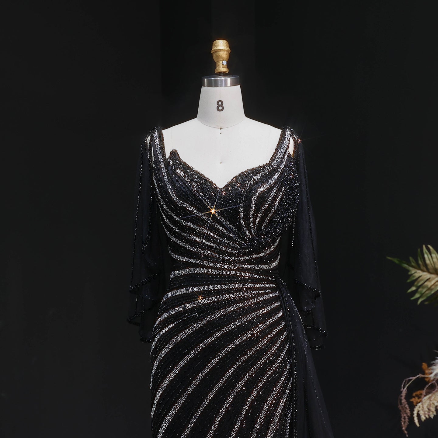 Luxury Champagne V-Neck Beaded Evening Dress with Cape Sleeves SS063