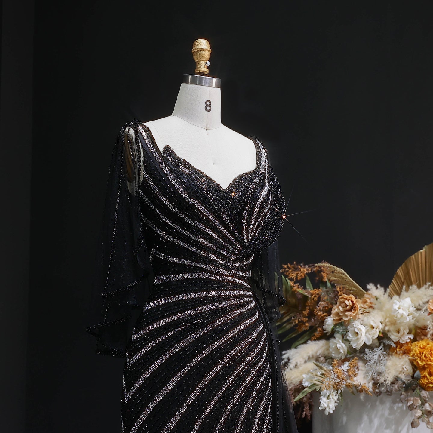 Luxury Champagne V-Neck Beaded Evening Dress with Cape Sleeves SS063