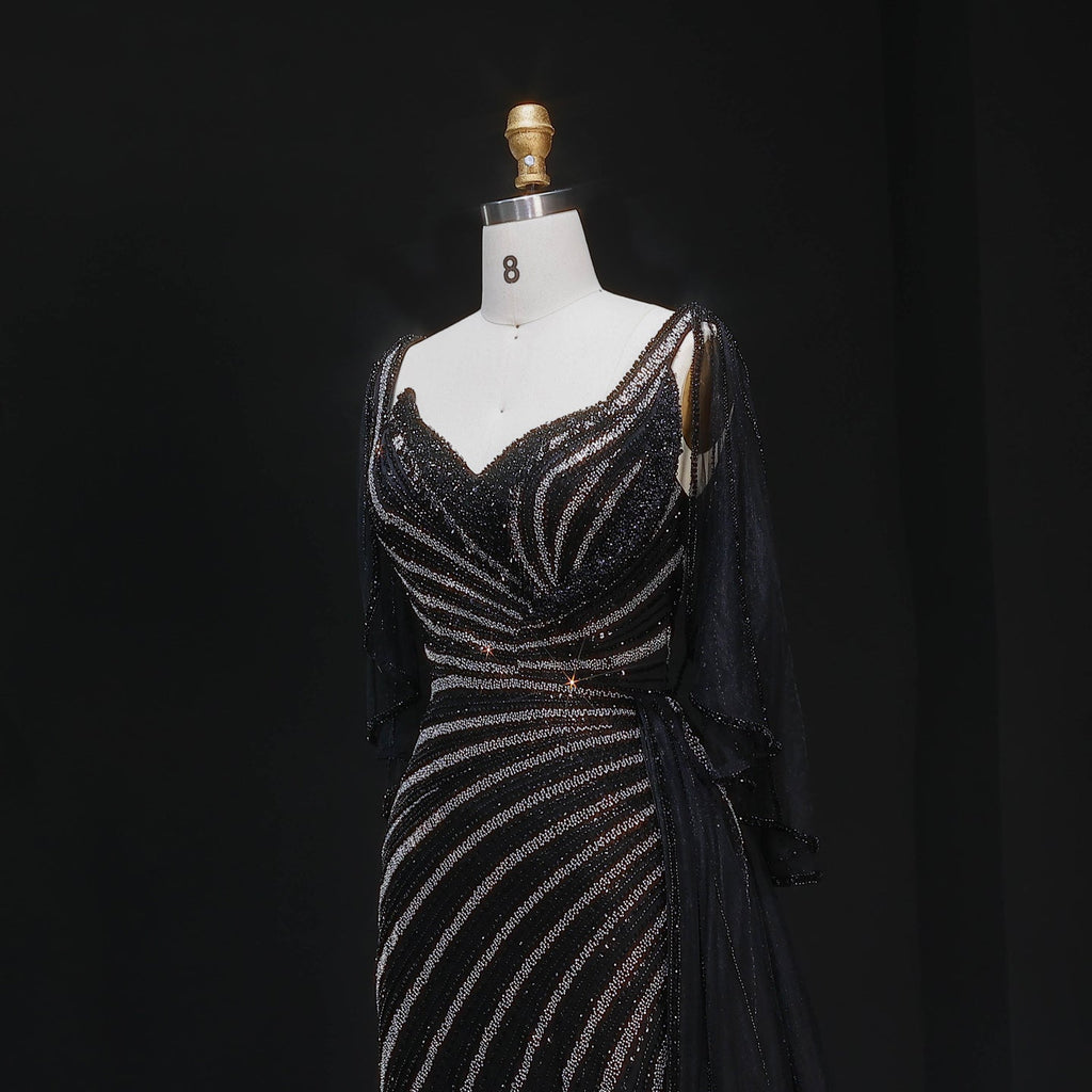Luxury Champagne V-Neck Beaded Evening Dress with Cape Sleeves SS063