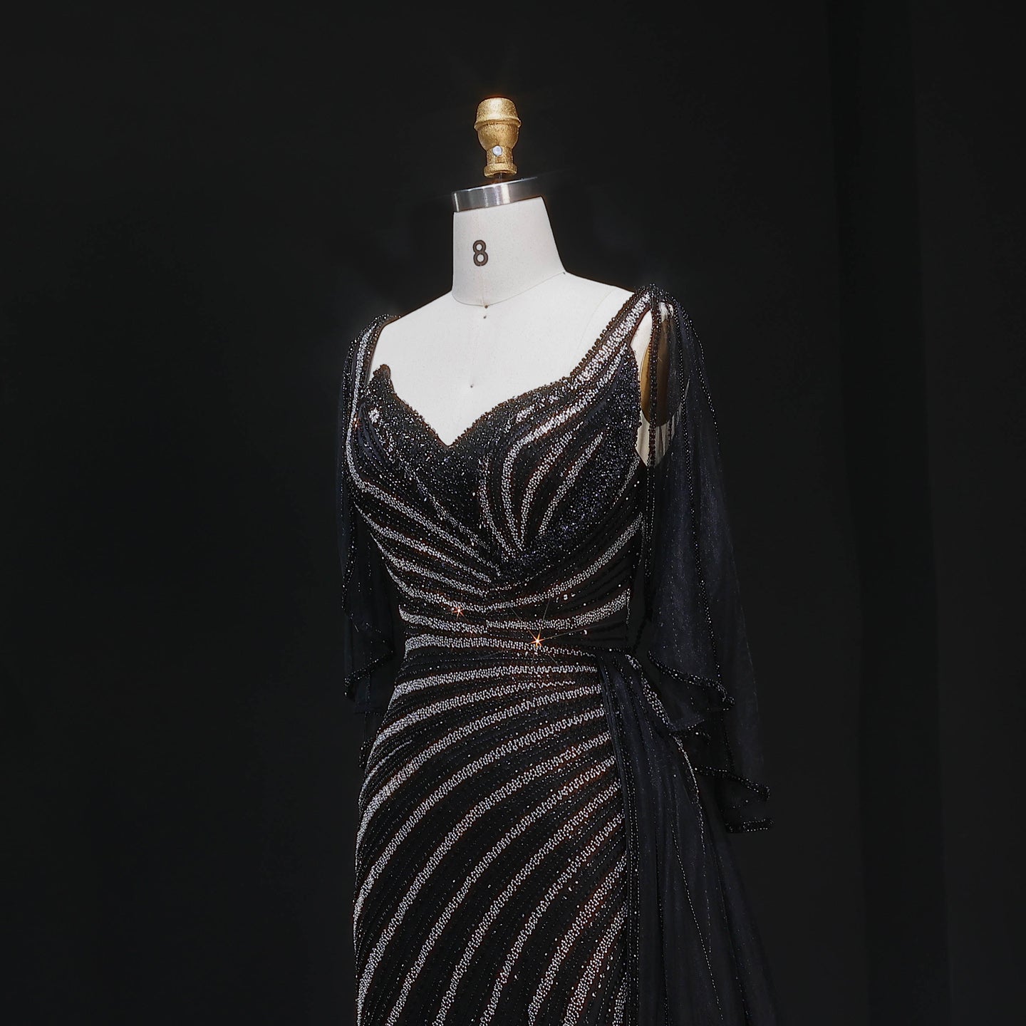 Luxury Champagne V-Neck Beaded Evening Dress with Cape Sleeves SS063