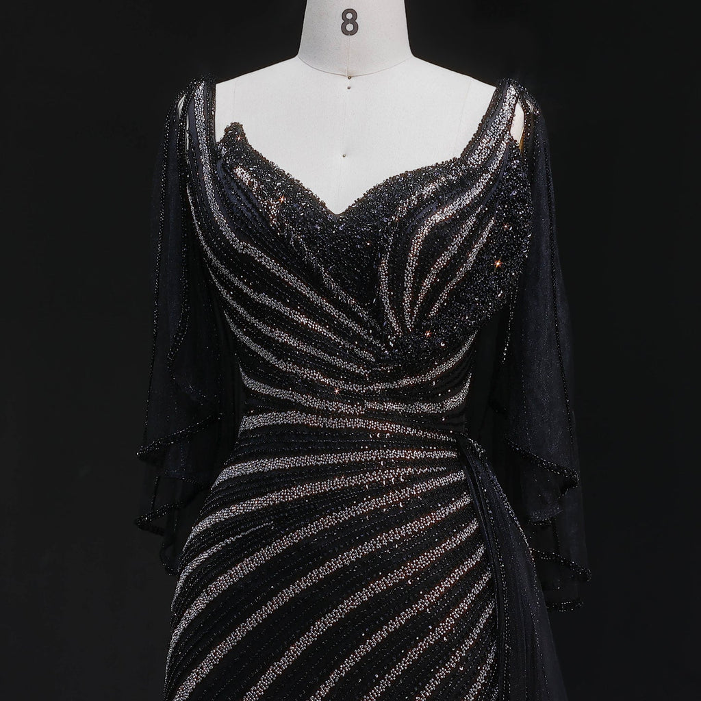 Luxury Champagne V-Neck Beaded Evening Dress with Cape Sleeves SS063