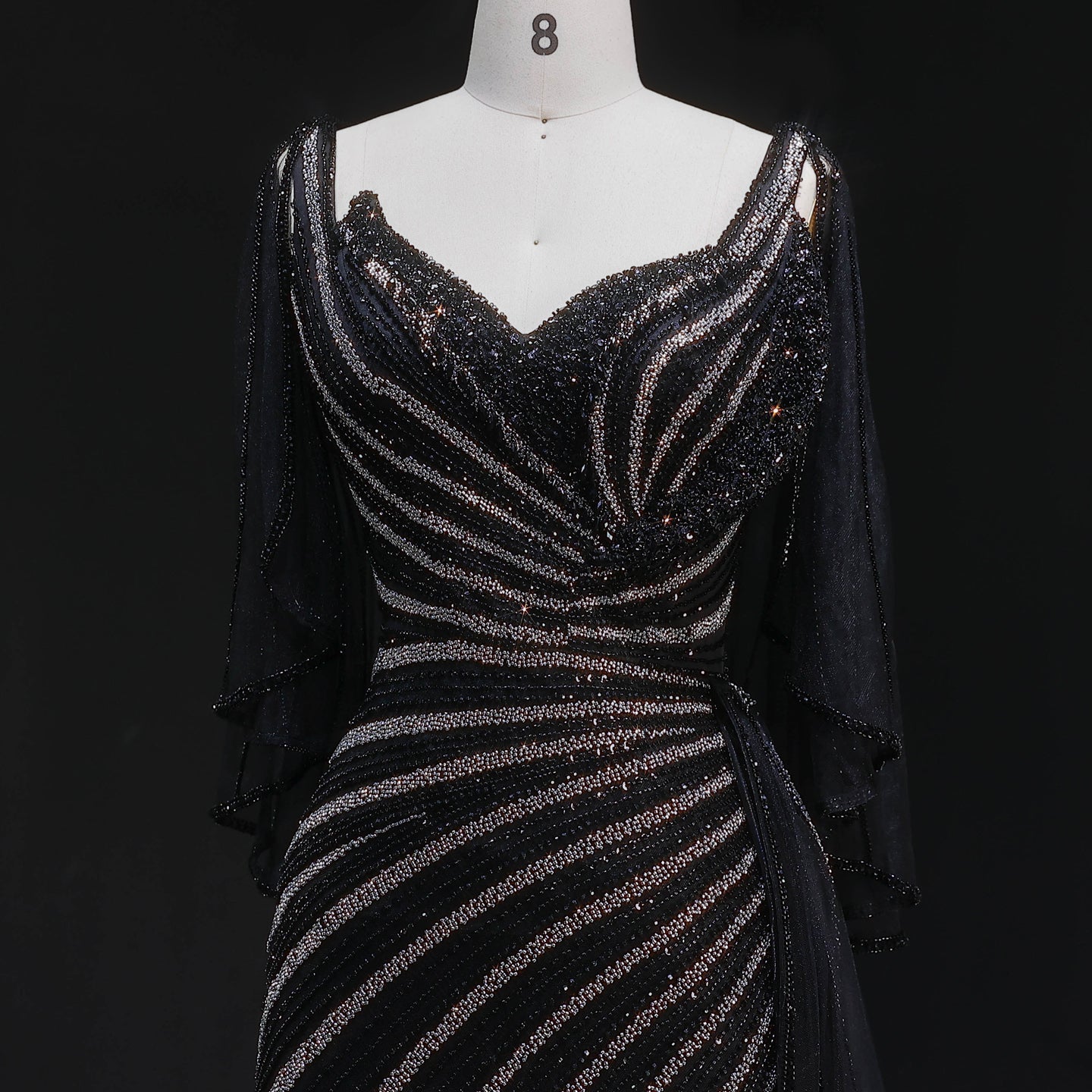 Luxury Champagne V-Neck Beaded Evening Dress with Cape Sleeves SS063
