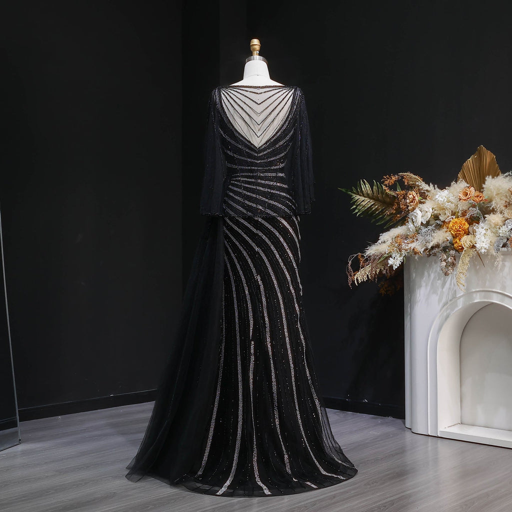 Luxury Champagne V-Neck Beaded Evening Dress with Cape Sleeves SS063