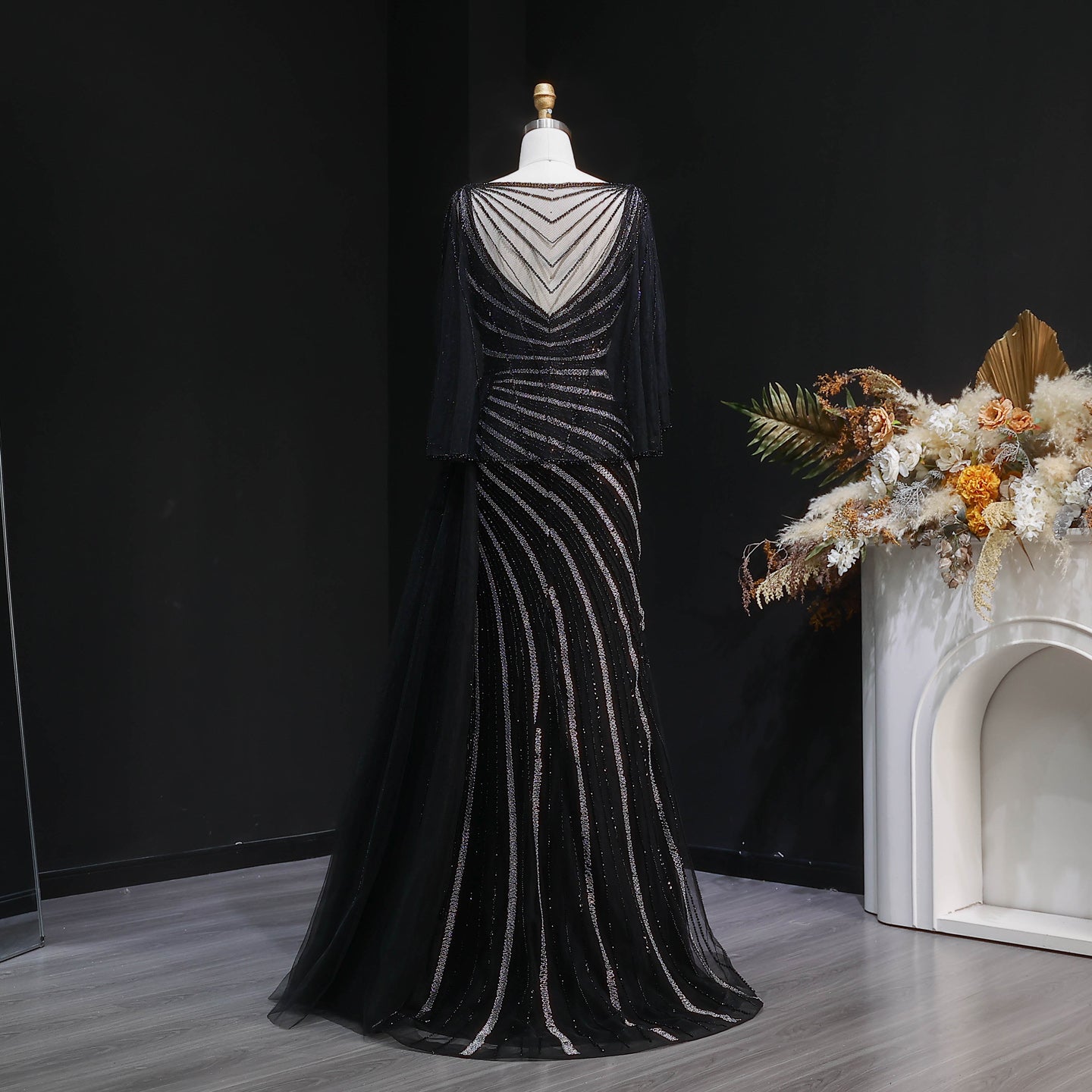 Luxury Champagne V-Neck Beaded Evening Dress with Cape Sleeves SS063