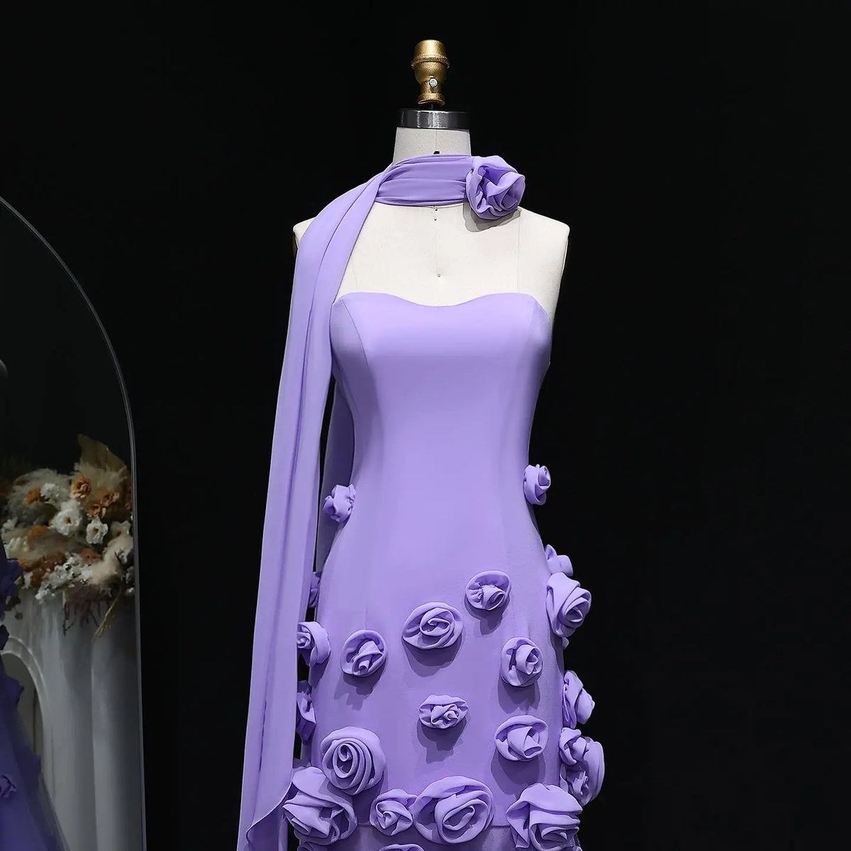 Chic Pink 3D Flowers Strapless Mermaid Evening Dress Side Slit SS207