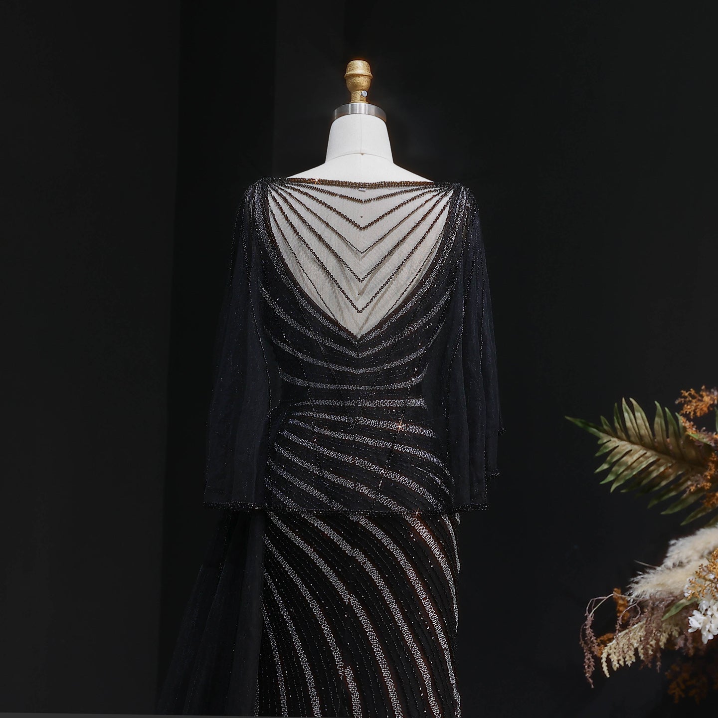 Luxury Champagne V-Neck Beaded Evening Dress with Cape Sleeves SS063