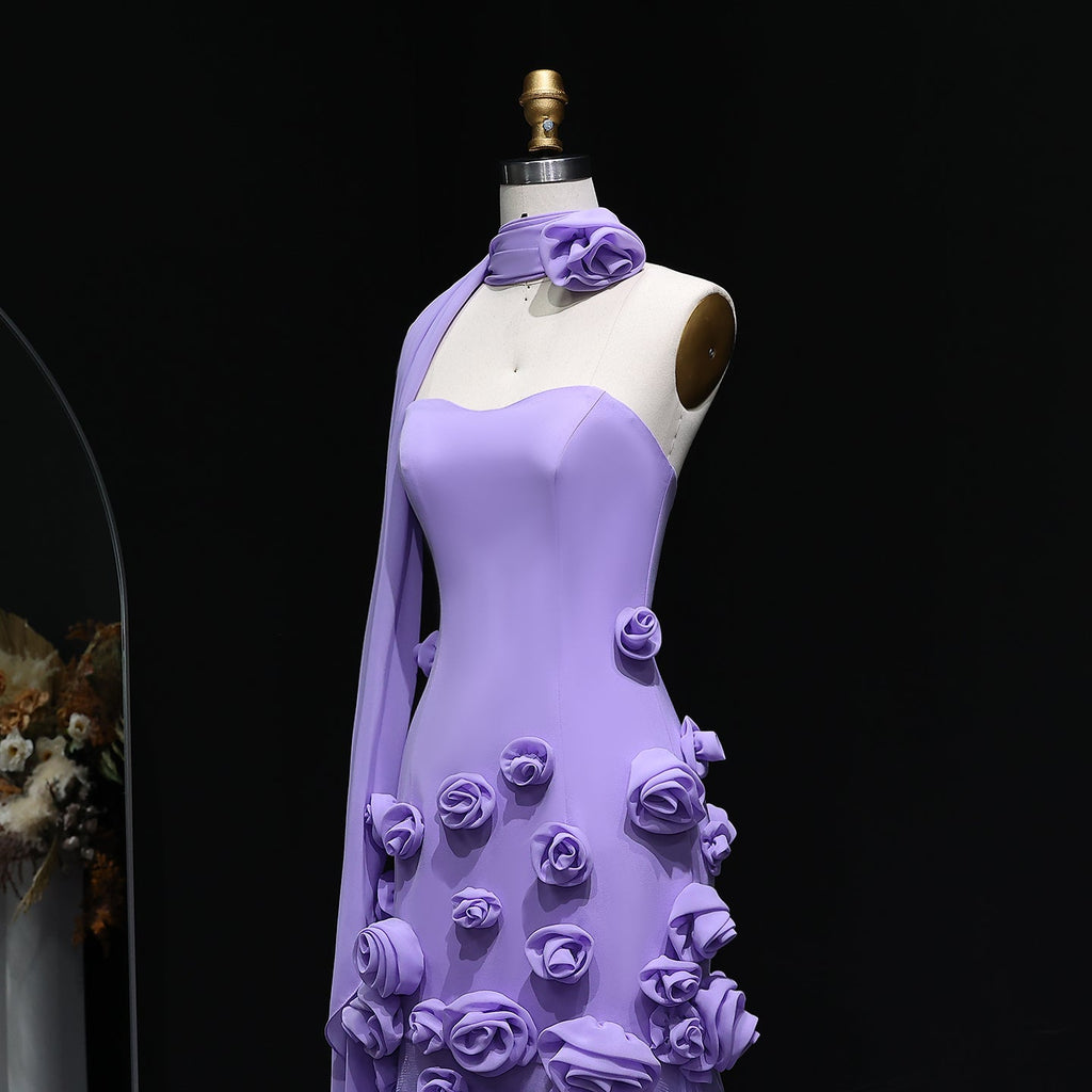 Chic Pink 3D Flowers Strapless Mermaid Evening Dress Side Slit SS207
