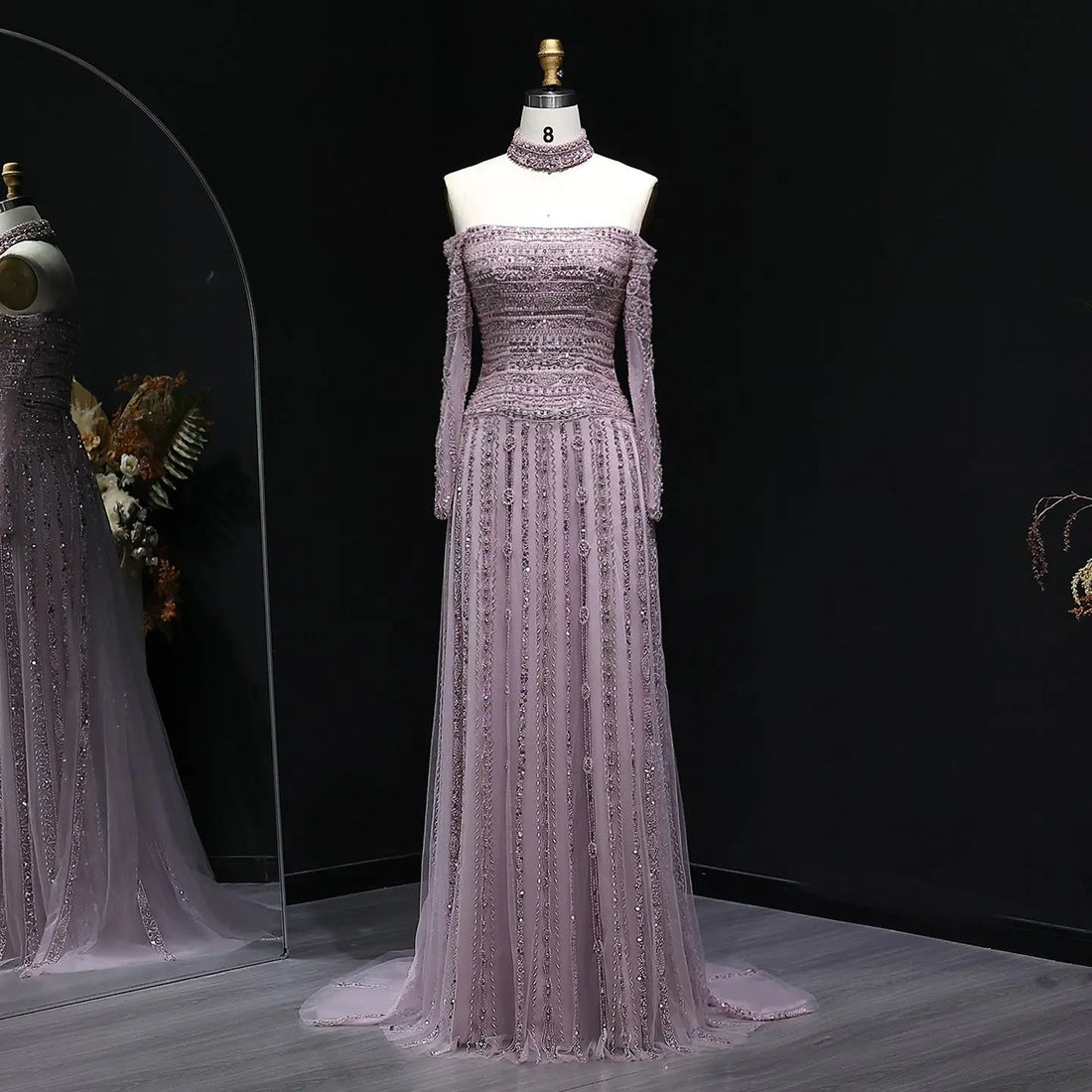 Luxury Beaded Off Shoulder Pink Evening Dress with Choker SS178