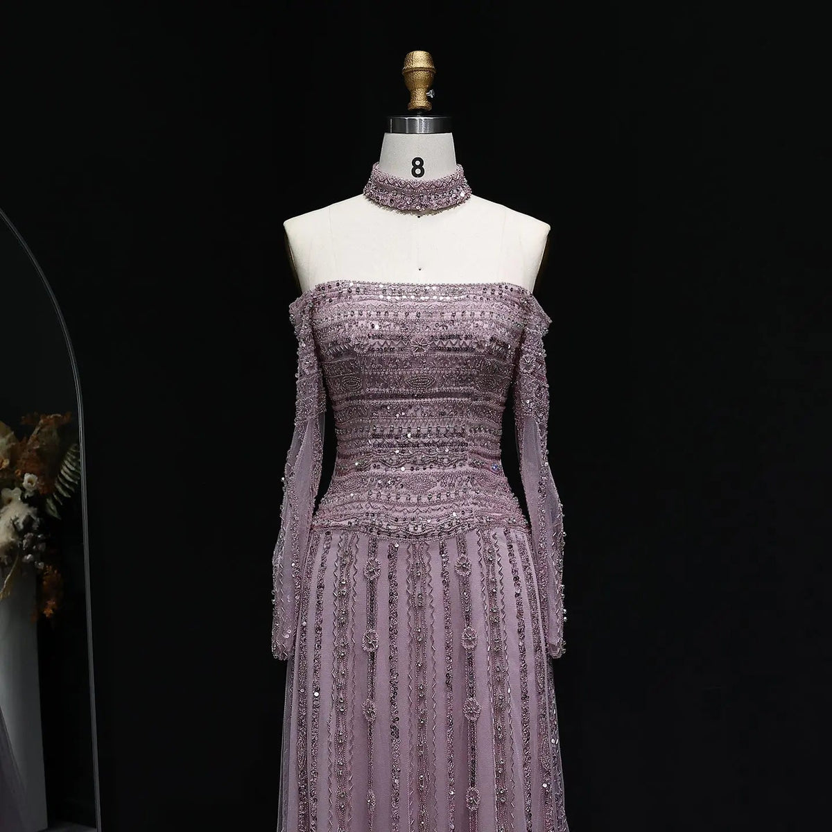 Luxury Beaded Off Shoulder Pink Evening Dress with Choker SS178