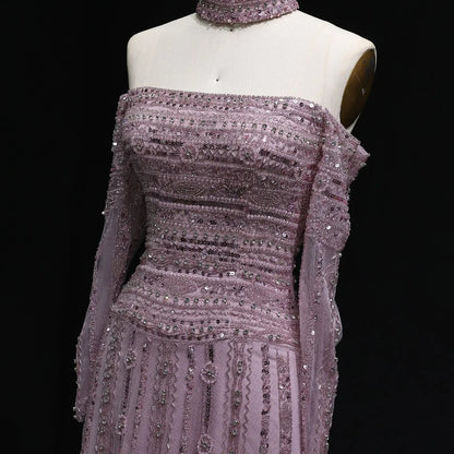 Luxury Beaded Off Shoulder Pink Evening Dress with Choker SS178