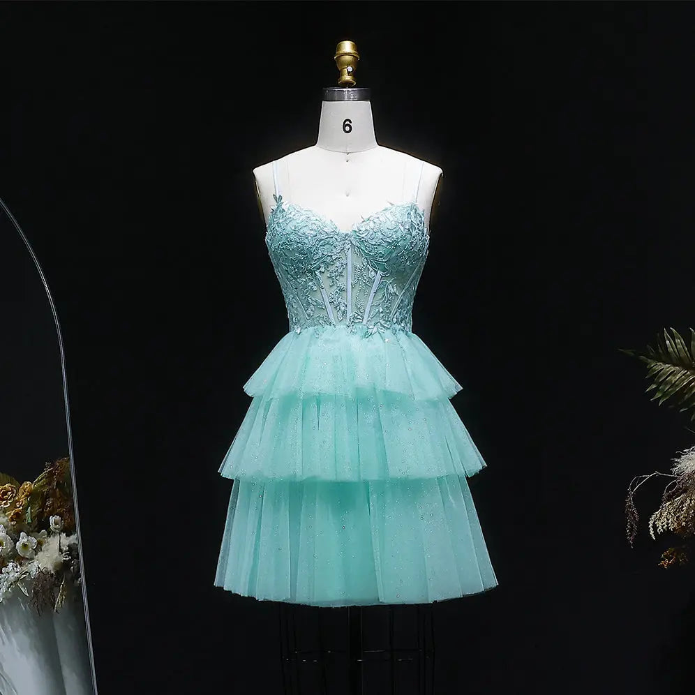Elegant Mint Green Spaghetti Strap Sweetheart Lace Tiered Tulle A-Line Homecoming Dress RM141