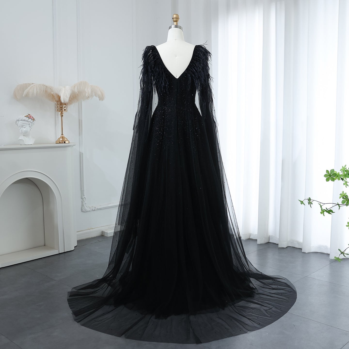 Elegant Dusty Pink Feathers Evening Dresses with Cape SS406