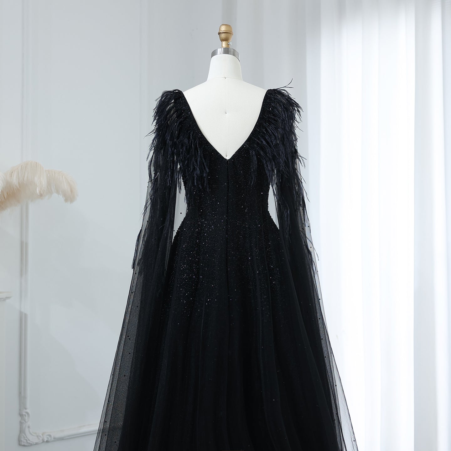 Elegant Dusty Pink Feathers Evening Dresses with Cape SS406