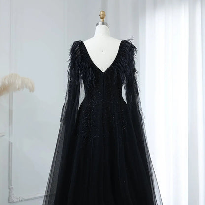 Luxury Pink Feathers Evening Dress with Cape Sleeves SS406