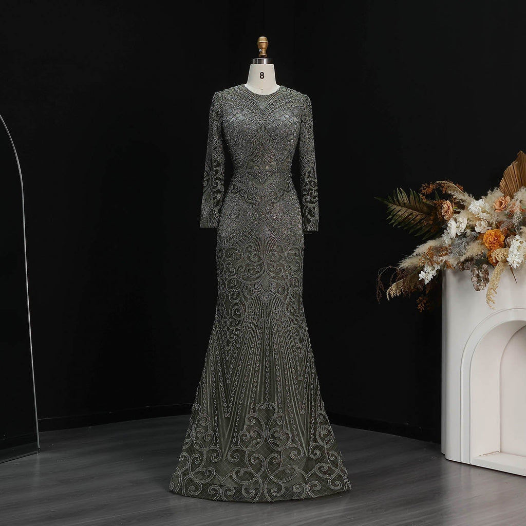Luxury Dark Green Long Sleeve Beaded Mermaid Evening Dress SS056