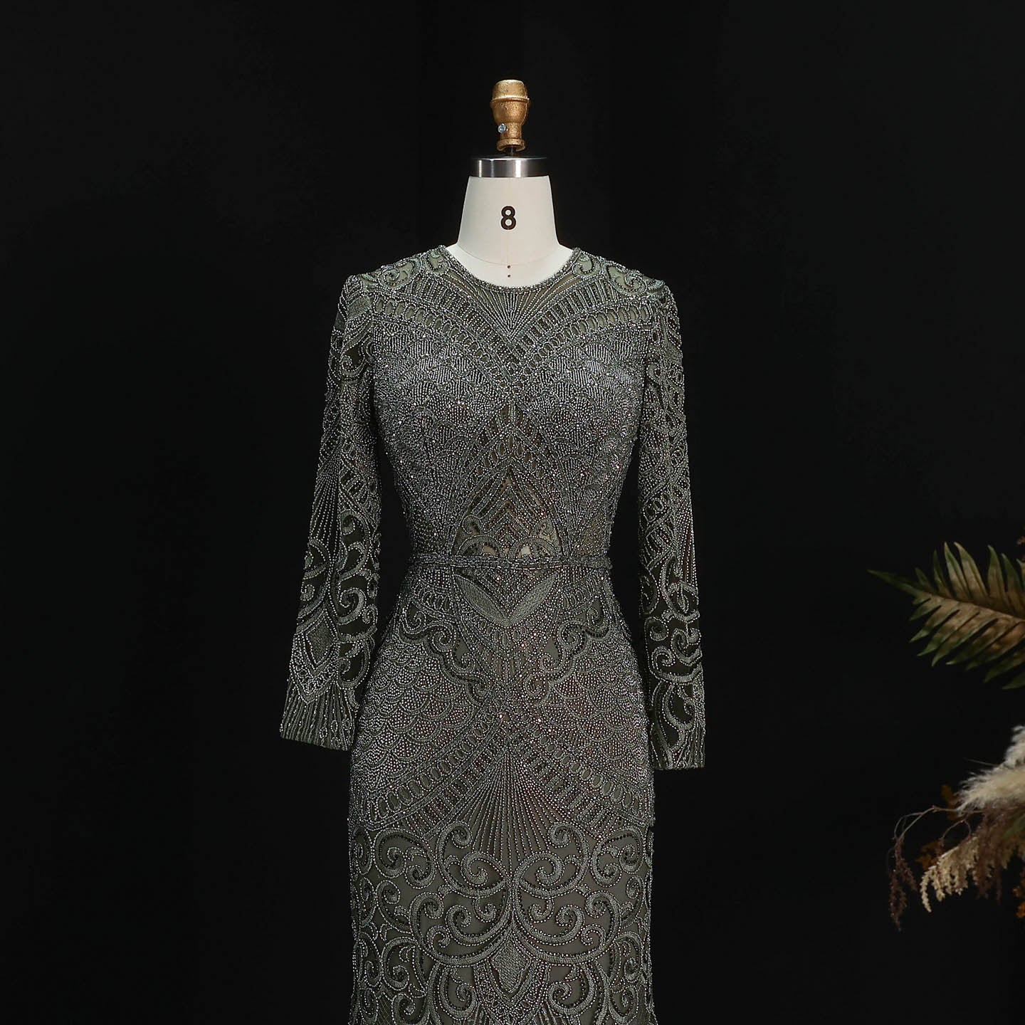 Luxury Dark Green Long Sleeve Beaded Mermaid Evening Dress SS056