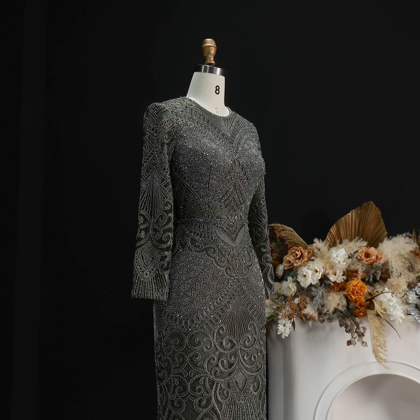 Luxury Dark Green Long Sleeve Beaded Mermaid Evening Dress SS056