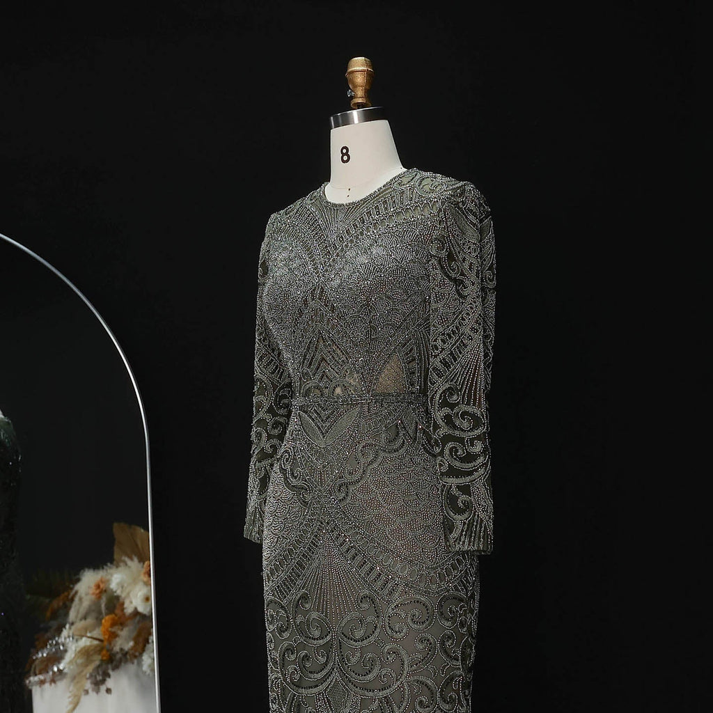 Luxury Dark Green Long Sleeve Beaded Mermaid Evening Dress SS056
