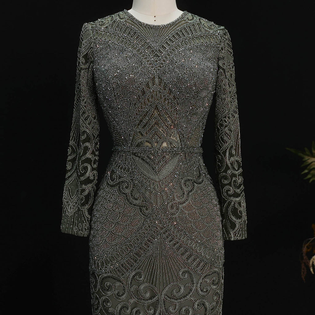 Luxury Dark Green Long Sleeve Beaded Mermaid Evening Dress SS056