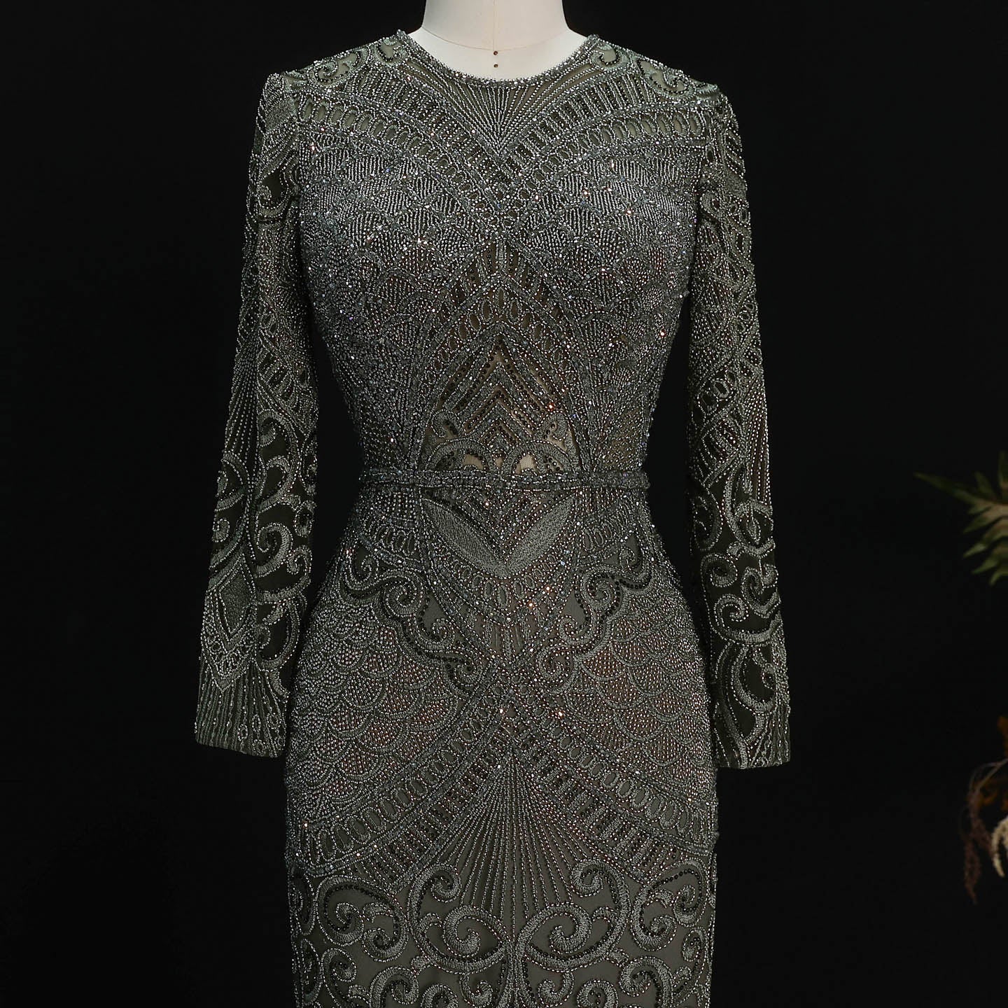 Luxury Dark Green Long Sleeve Beaded Mermaid Evening Dress SS056