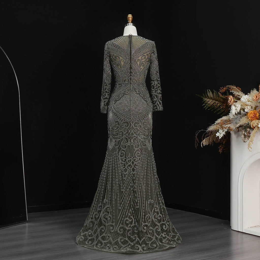 Luxury Dark Green Long Sleeve Beaded Mermaid Evening Dress SS056