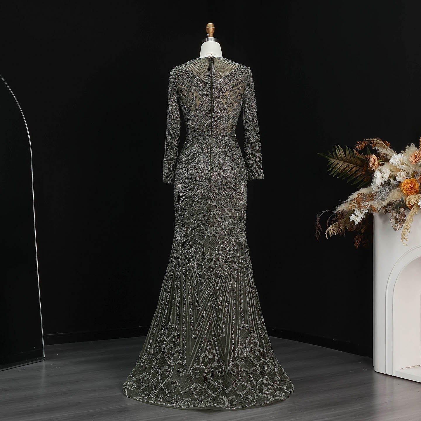 Luxury Dark Green Long Sleeve Beaded Mermaid Evening Dress SS056