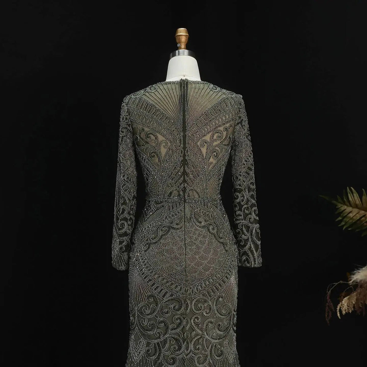 Regal Dark Green Long Sleeve Beaded Mermaid Evening Dress SS056