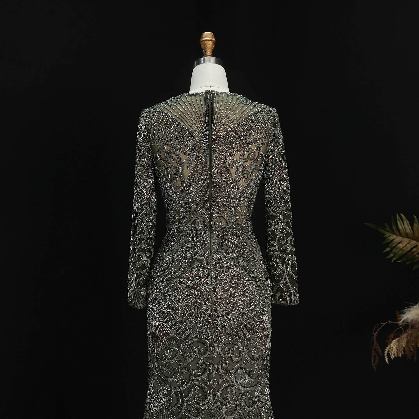 Luxury Dark Green Long Sleeve Beaded Mermaid Evening Dress SS056
